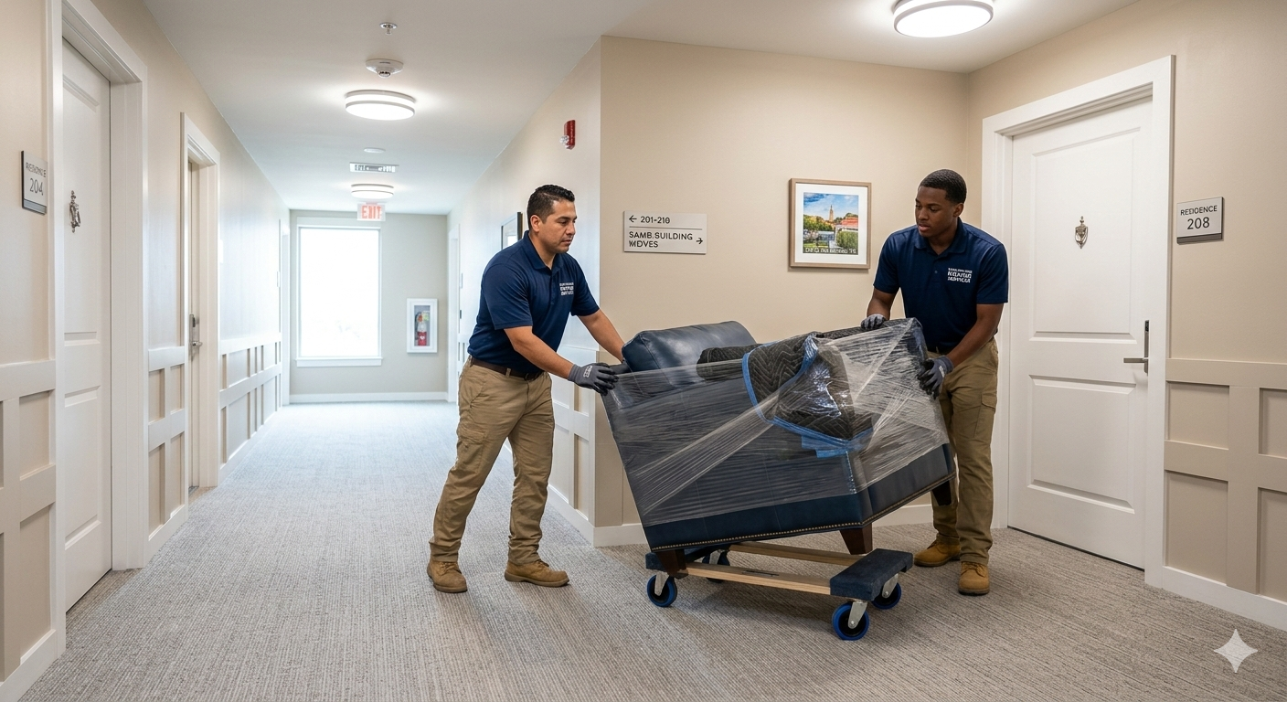 Professional intra-building moving help team relocating furniture in a San Antonio apartment.