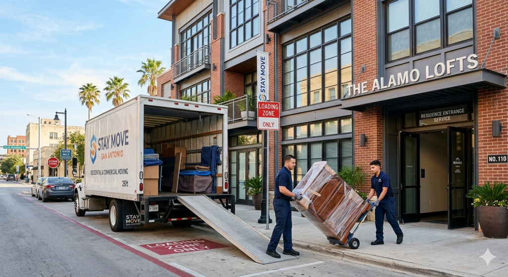 Specialized moving labor San Antonio 78215 team loading furniture at a Pearl District apartment.