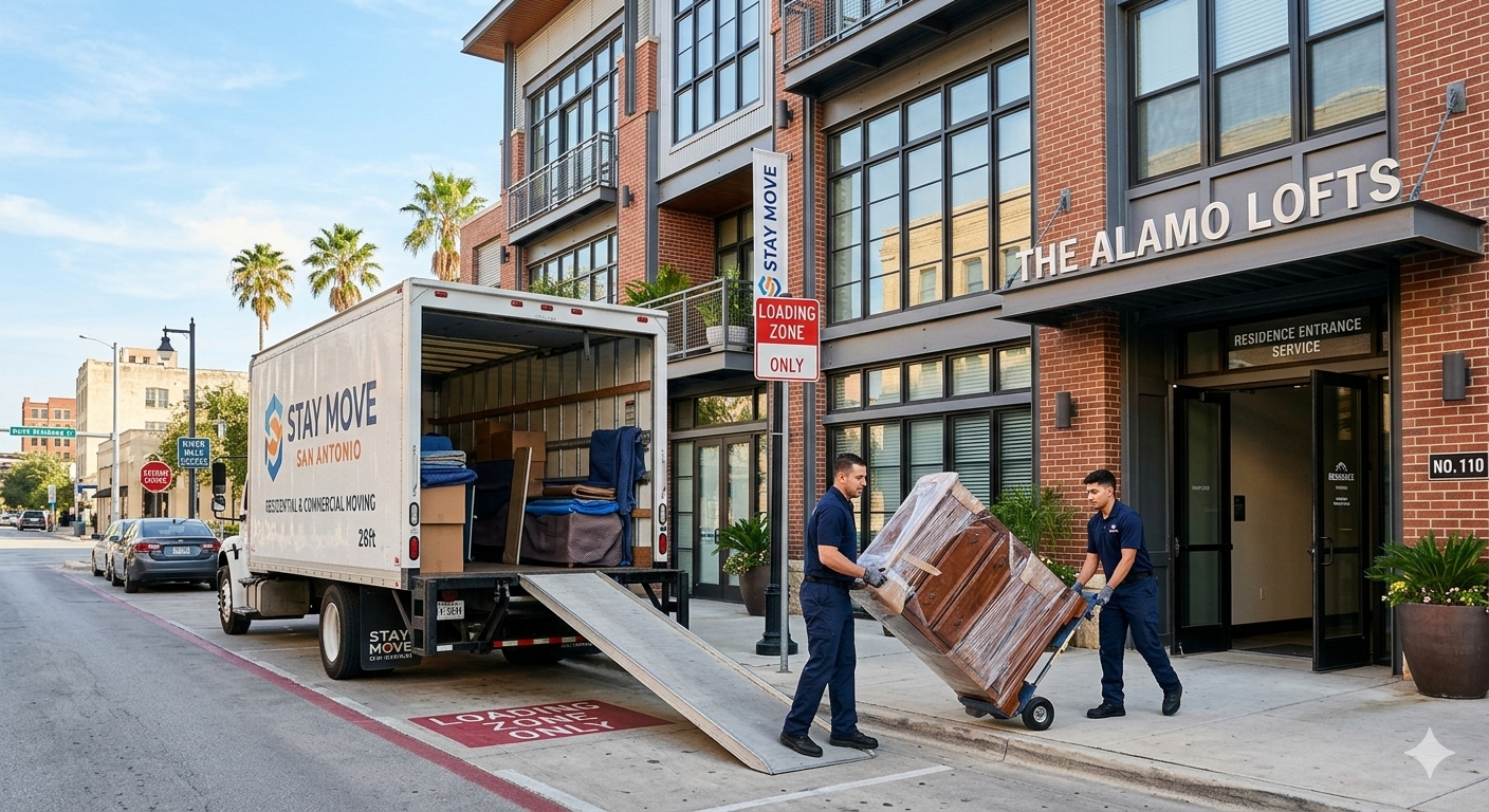 Specialized moving labor San Antonio 78215 team loading furniture at a Pearl District apartment.