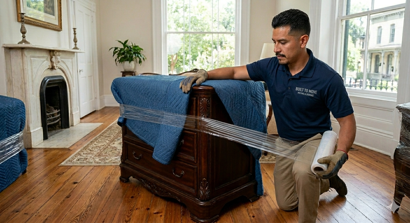 Elite Alamo Heights furniture specialist wrapping an antique dresser for a historic home move.