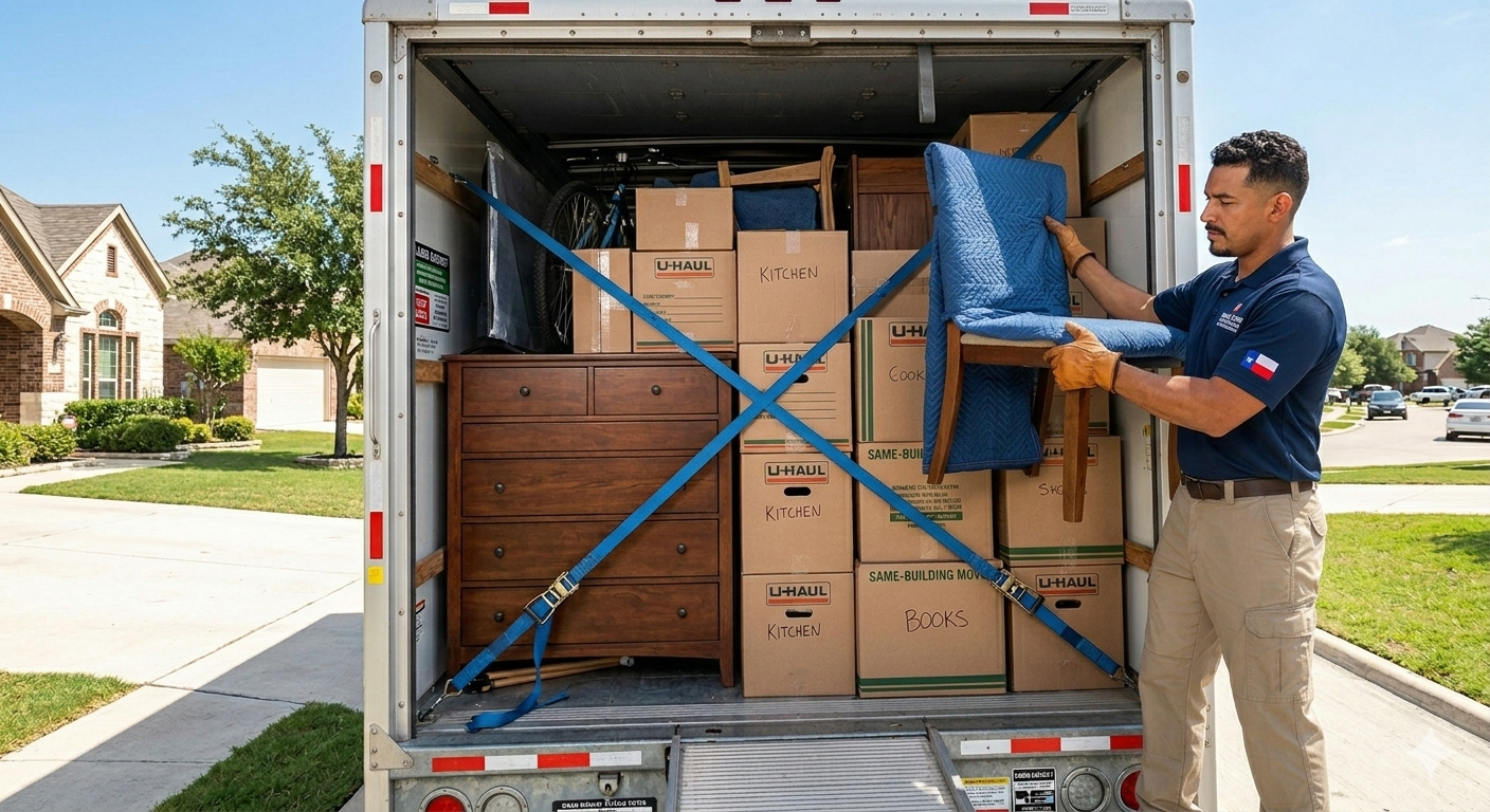 Elite furniture specialist loading rental trucks San Antonio with professional strapping and tiering.