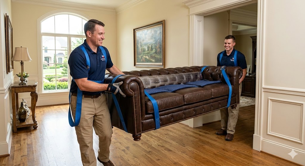 Elite movers Stone Oak specialists using professional lifting straps to move luxury furniture in a 78258 estate.